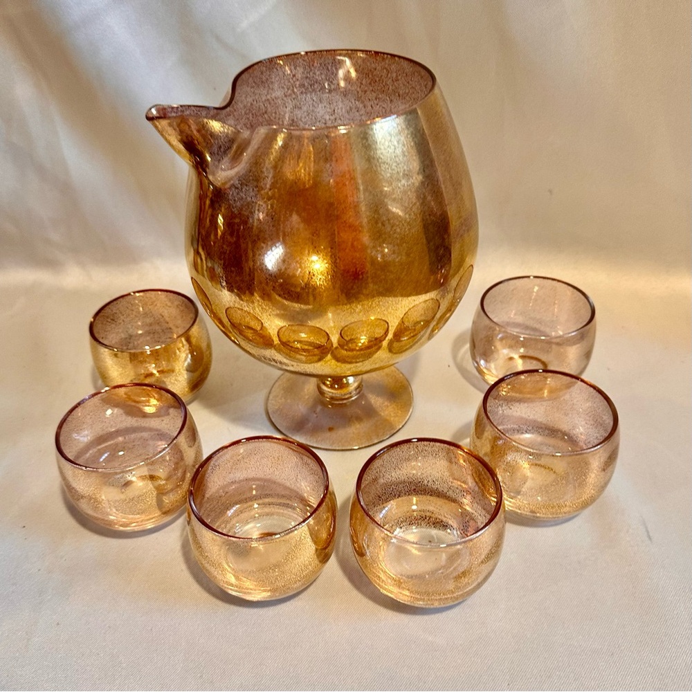 Mid-Century Gold Fleck Cocktail Pitcher and 5 Roly Poly Glasses Set of 6
